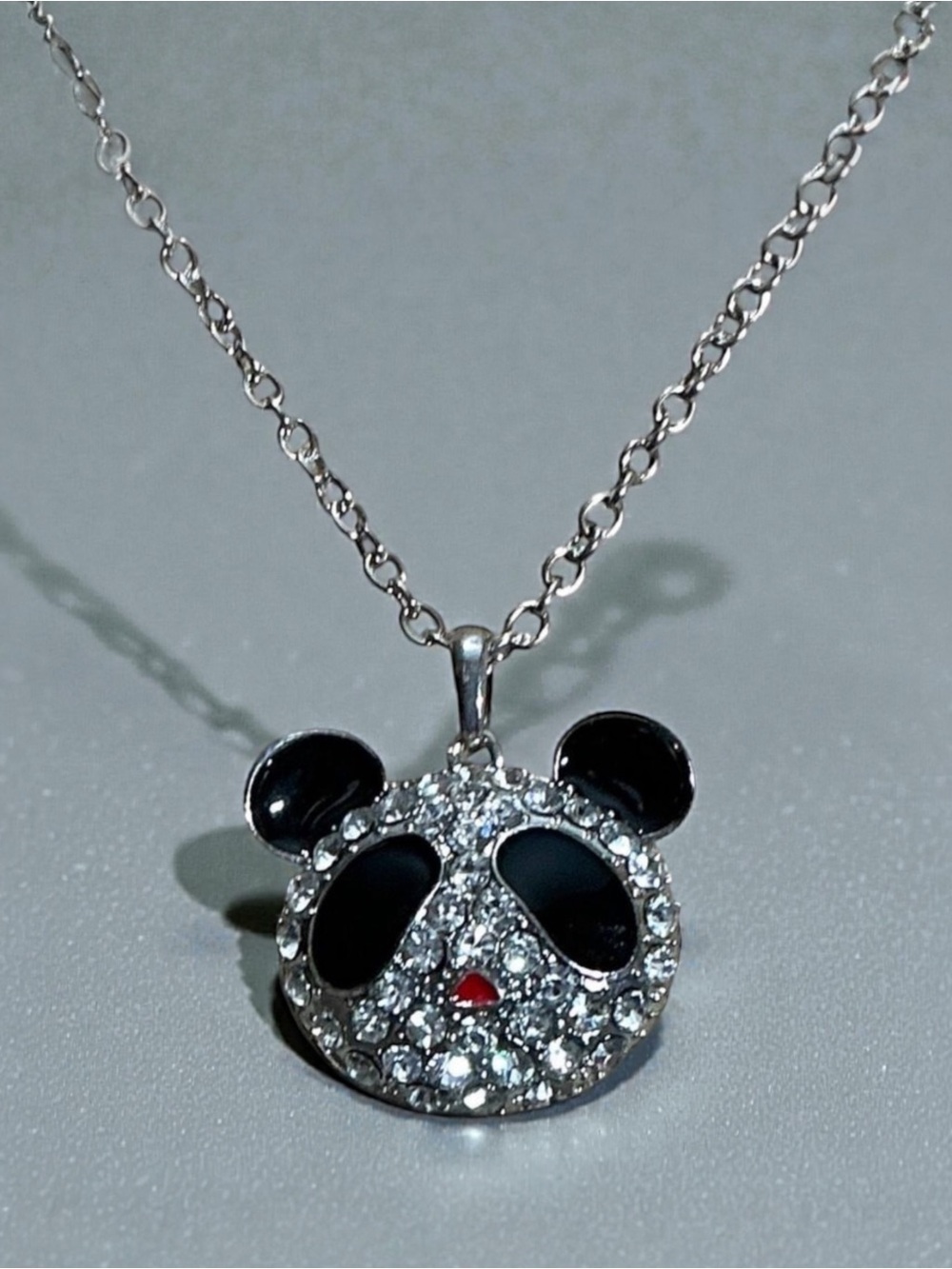 Y2K Vintage Rhinestone Panda Bear Silver Tone Chain Pendant Necklace